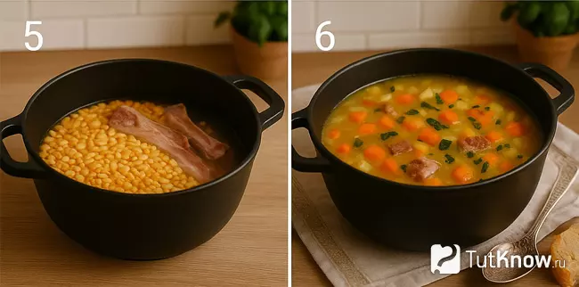 Приготовление горохового супа с ребрышками Шаг 5-6