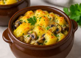 Картофель с грибами в горшочках, приготовленный в духовке