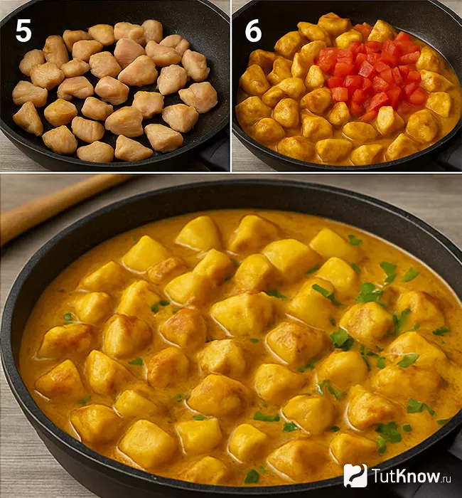 Пошаговый рецепт картофеля по-индийски с карри и курицей Шаг 5-6