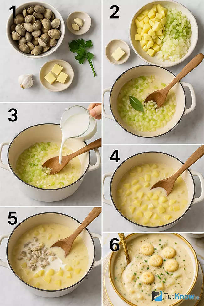 Пошаговое приготовление клэм-чаудера с моллюсками