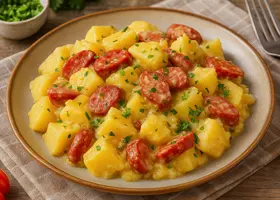 Картофель с копченостями по-латышски на сковороде