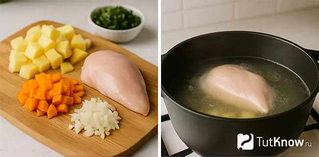 Пошаговый рецепт куриного супа с лапшой и картошкой Шаг 1-2