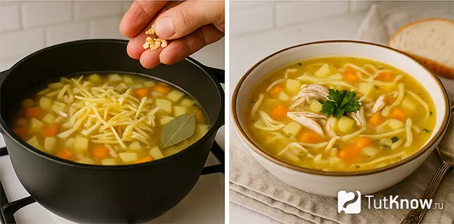 Пошаговое приготовление куриного супа с лапшой Шаг 5-6
