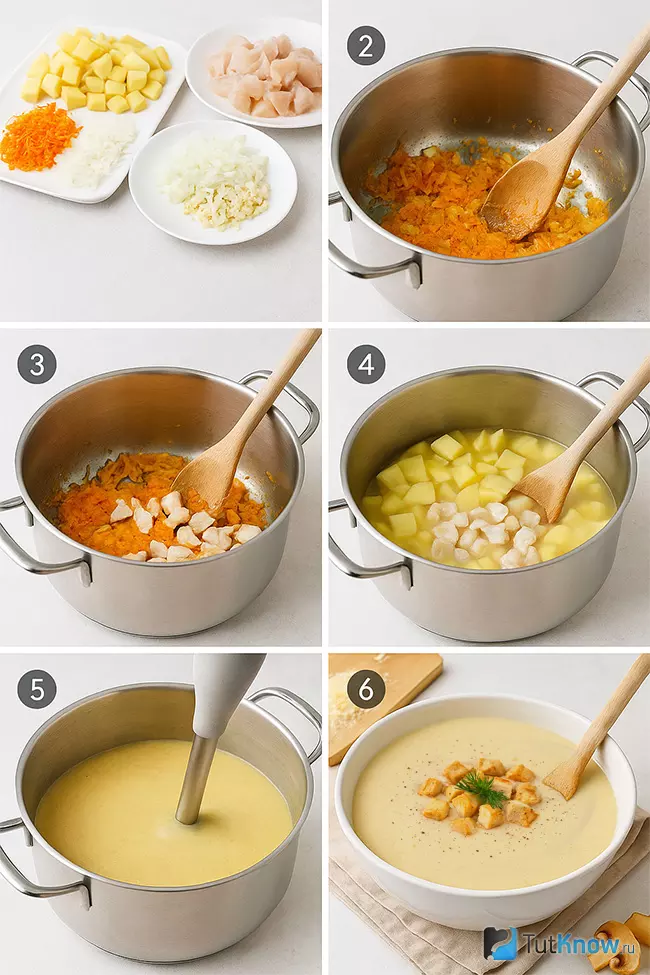 Пошаговое приготовление крем-супа из курицы и сыра