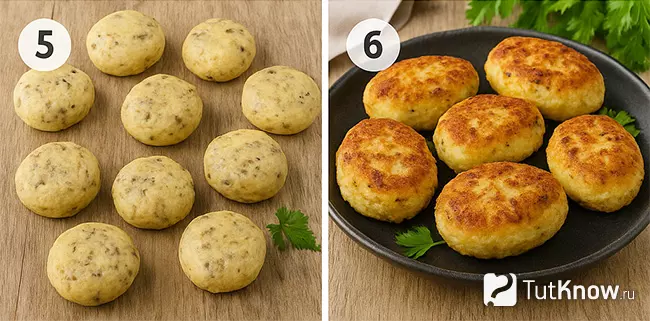 Шаг 5-6 приготовления картофельных котлет с грибами