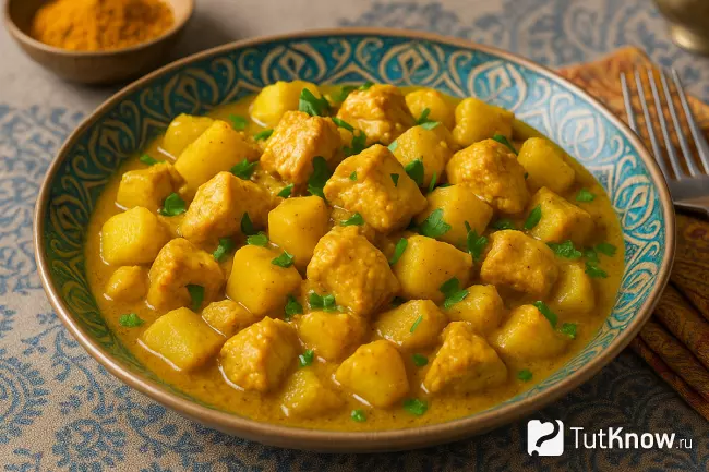 Рецепт картофеля по-индийски с карри и курицей