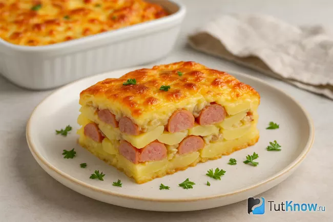 Рецепт картофельной запеканки с сосисками и сыром