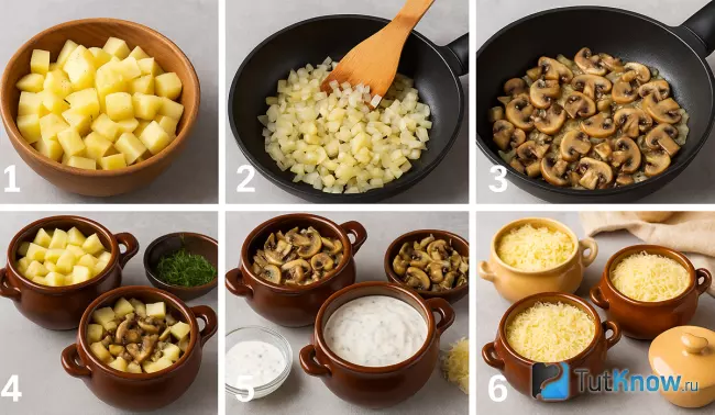 Пошаговый рецепт картофеля с грибами в горшочках