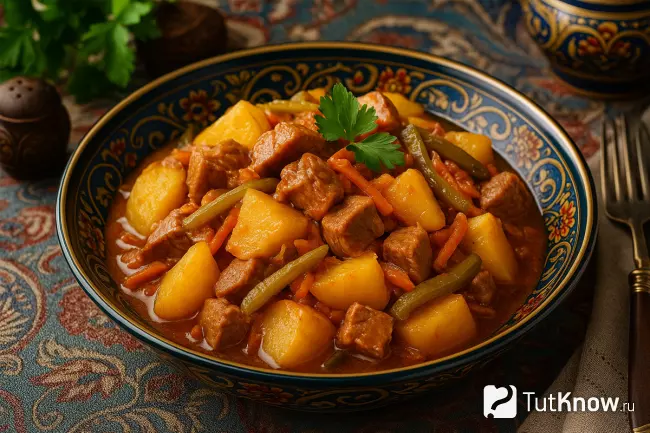 Азу по-татарски из свинины с картошкой и огурцом