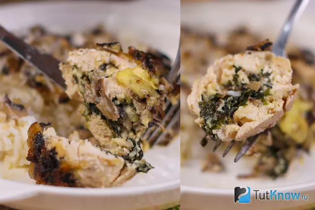 Куриные рулетики с грибами, шпинатом и сыром в соусе