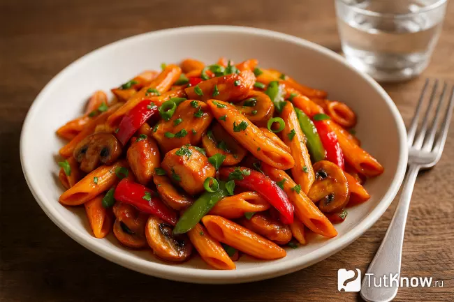 Паста Пенне Наполитан с курицей, грибами, кетчупом и болгарским перцем