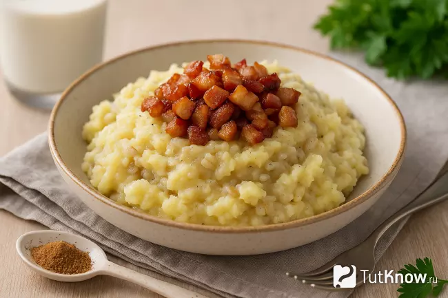 Картофельное пюре с ячневой кашей и шкварками
