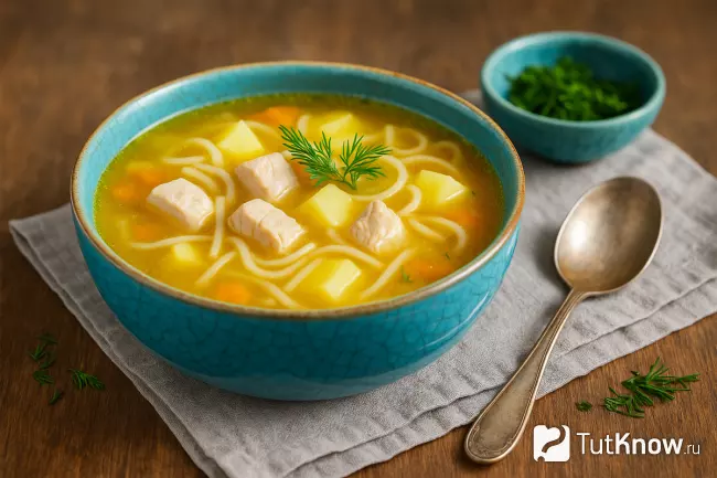 Вкусный куриный суп с лапшой