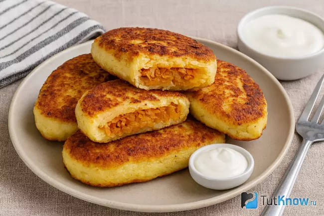 Картофельные зразы с капустой и морковью и сметаной