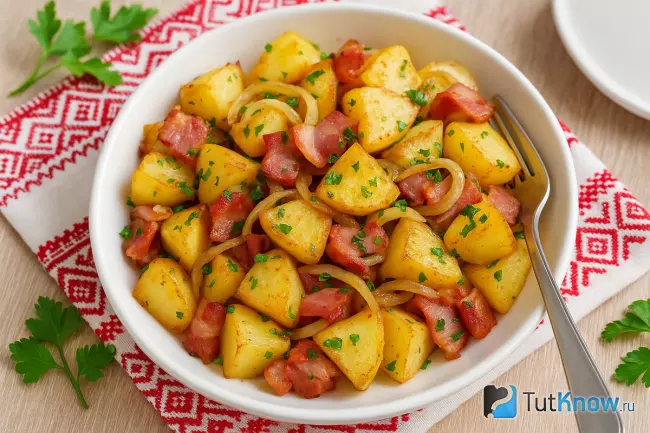 Картофель по-польски с луком и беконом
