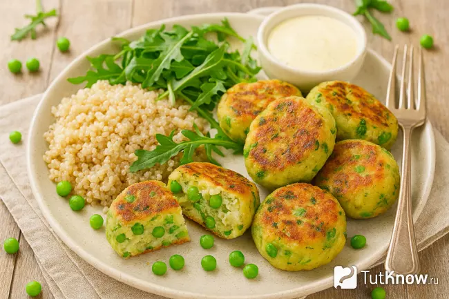 картофельные котлеты с горошком с киноа и чесночным соусом