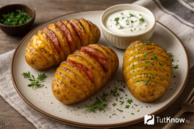 Картофель гармошкой с беконом и специами