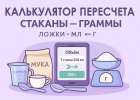 Калькулятор пересчёта продуктов из стаканы, ложки в граммы, мл