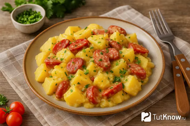 Рецепт картофеля с копченостями и сливками на сковороде