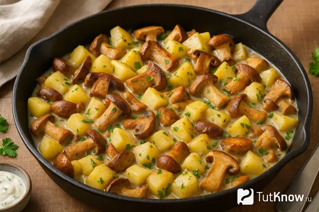 Картофель по-литовски с грибами, луком и сметаной