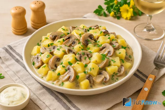 Рецепт картофеля по-литовски с грибами, луком и сметаной