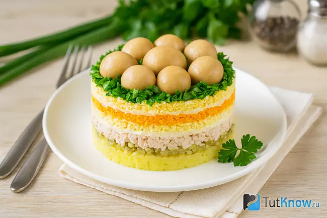 Рецепт салата Лесная поляна с шампиньонами и курицей