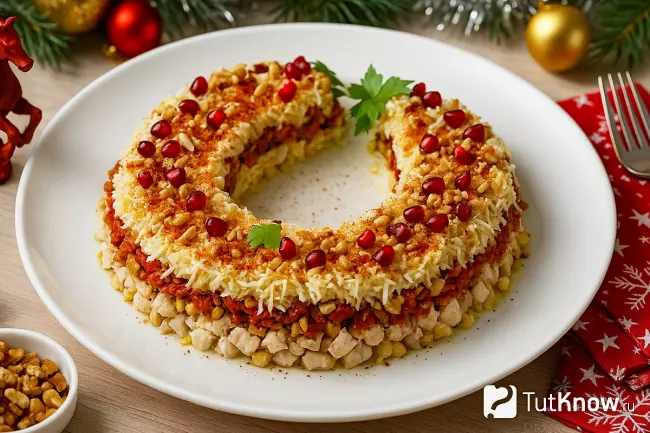 Новогодний салат в виде подковы из курицы, яиц, орехов и сыра