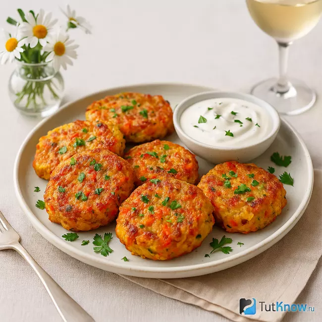 Картофельные котлеты с овощами и соусом