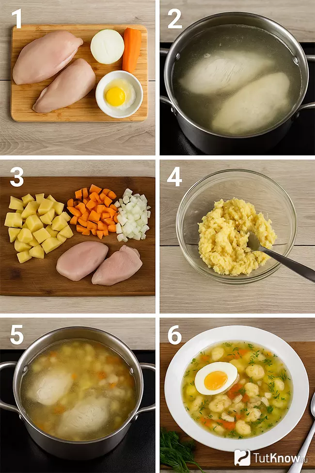 Пошаговое приготовление куриного супа с клецками