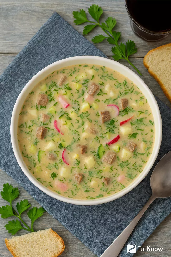 Рецепт классической окрошки на квасе с отварной говядиной