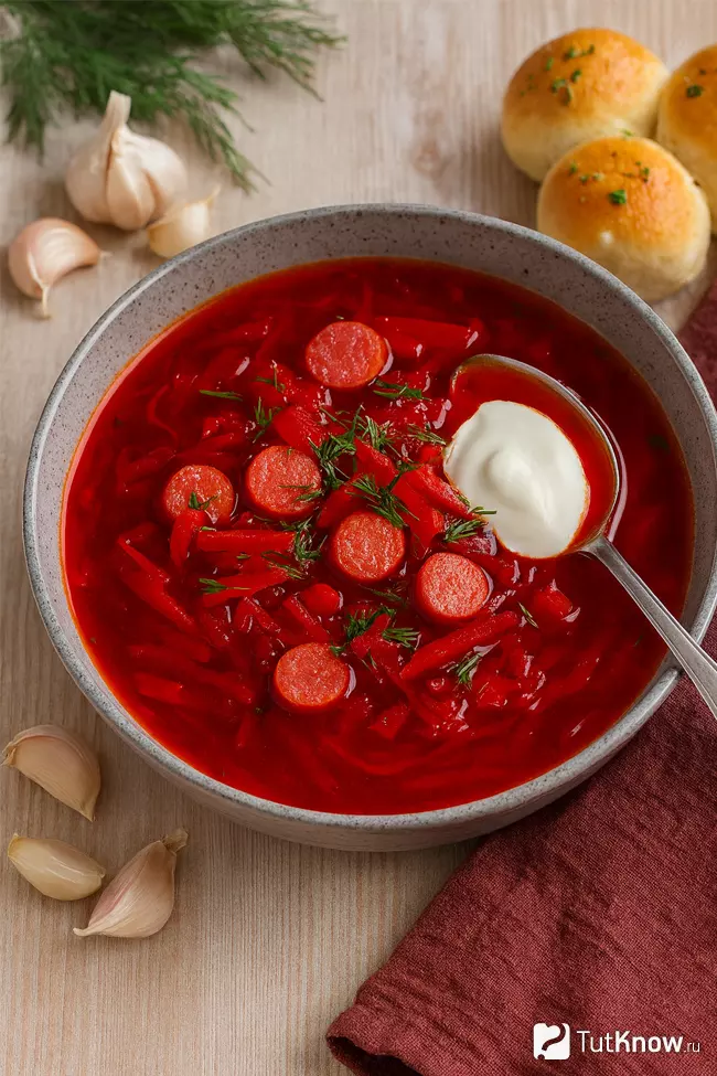 Украинский борщ с копчёностями колбасками и сметаной