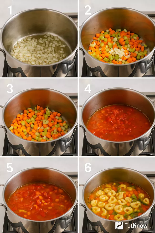 Пошаговое приготовление супа с тортеллини и овощами