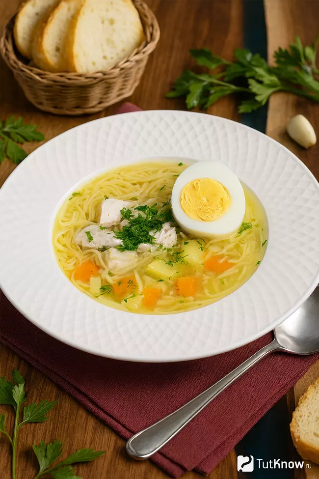 Куриный суп с домашней лапшой и отваренным яйцом