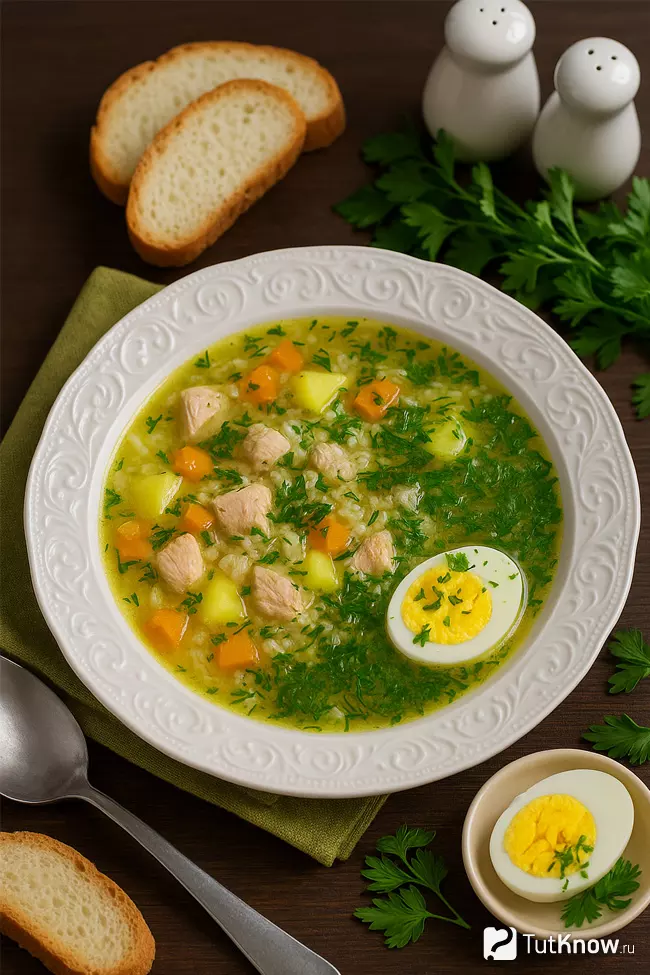 Рецепт куриного супа с рисом и яйцом