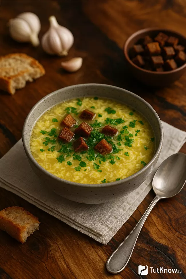 Рецепт чесночного супа с яйцом и сухариками