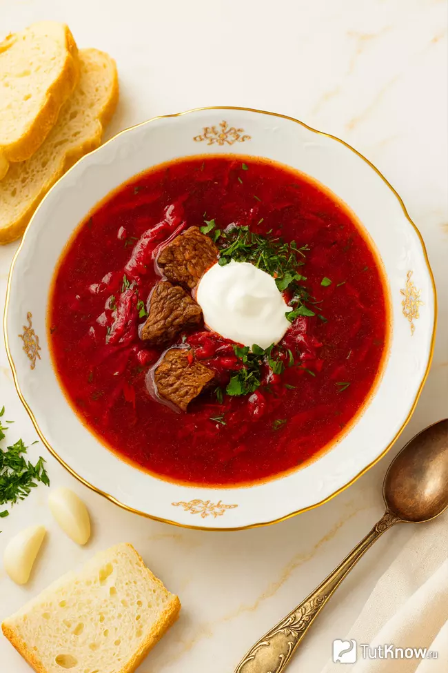 Классический рецепт борща с говядиной и сметаной