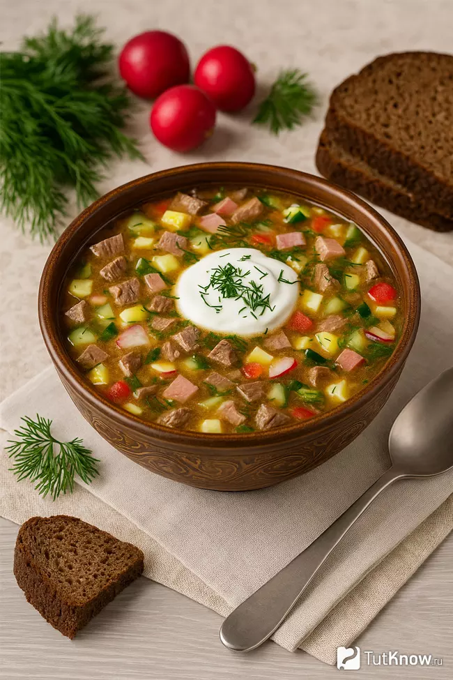 Окрошка на квасе с отварной говядиной и сметаной