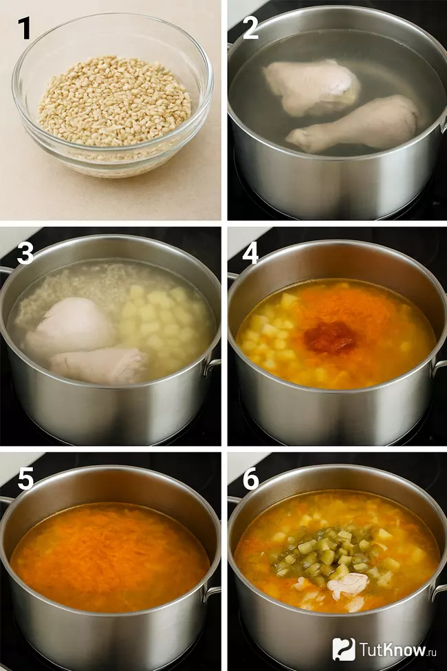 Пошаговое приготовление рассольника с курицей и огурцами
