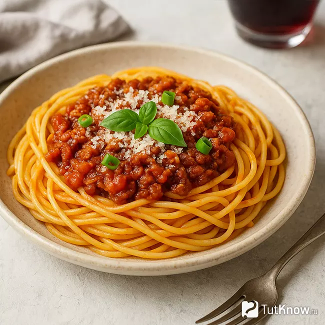 Готовая вкусная паста Болоньезе с томатным соусом и фаршем
