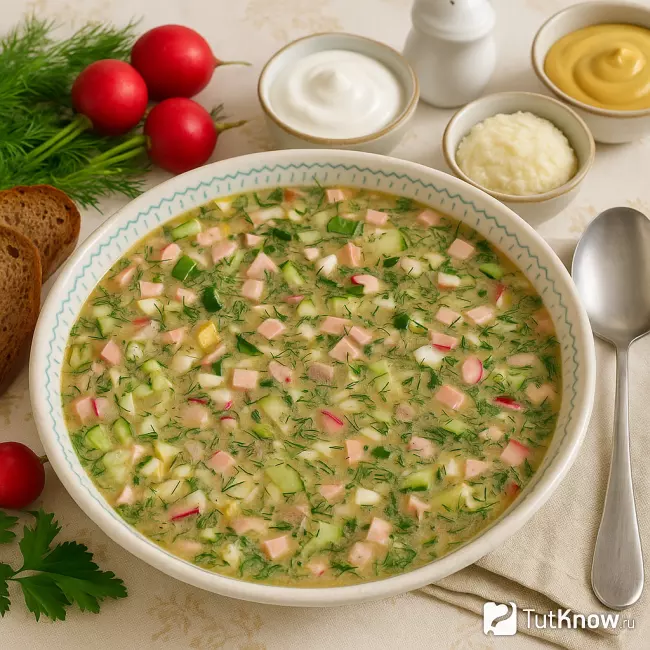 Вкусная советская окрошка на квасе с докторской колбасой