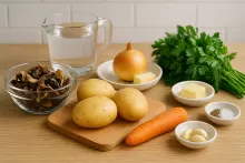 Ингредиенты для супа из сушёных грибов с овощами