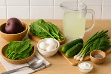 Ингредиенты для свекольника со щавелем и яйцом