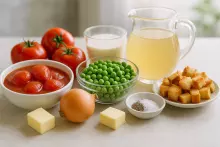 Ингредиенты для крем-супа из томатов и горошка
