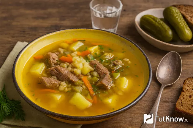 Классический рассольник с перловкой и говядинойкак в 90x годах