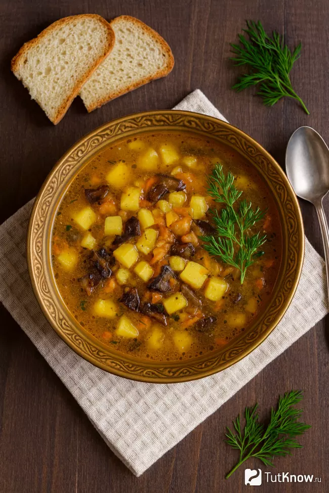 Вкусный густой суп из сушёных грибов с картофелем и морковью