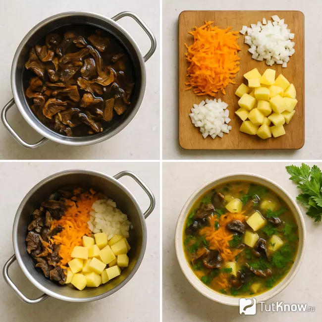 Пошаговое приготовление грибного супа с овощами и зеленью