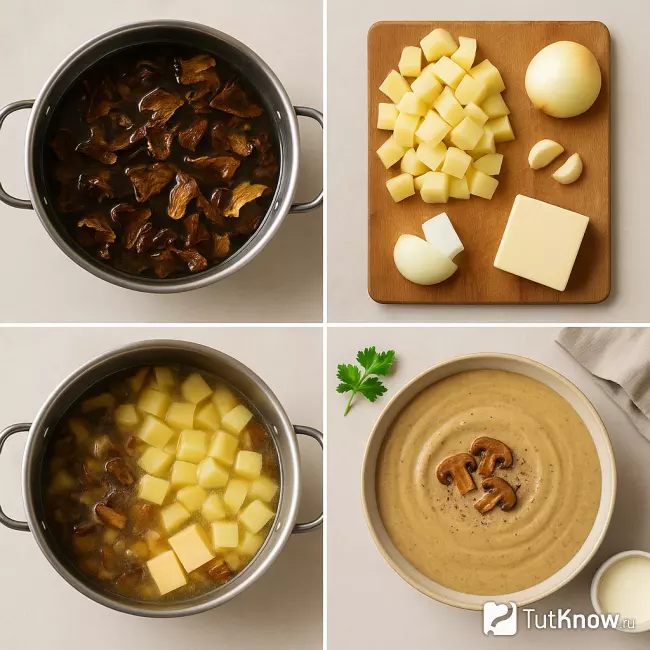 Пошаговое приготовление супа-пюре из сушёных грибов с сыром и сливками