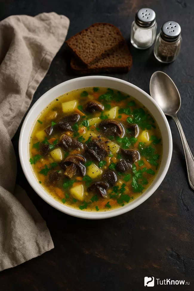 Рецепт супа из сушёных грибов с овощами и зеленью