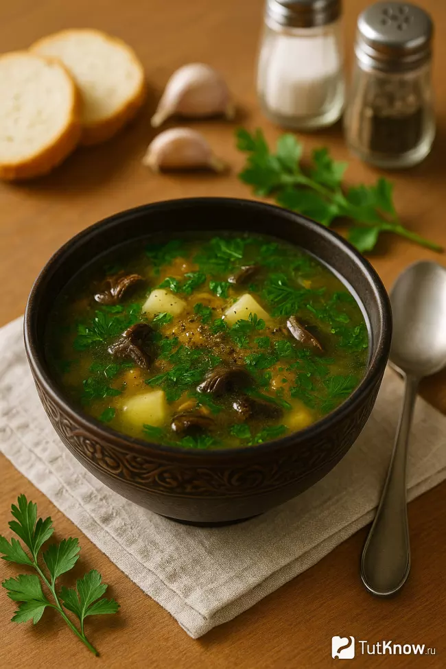 Вкусный суп из сушёных грибов с овощами и зеленью