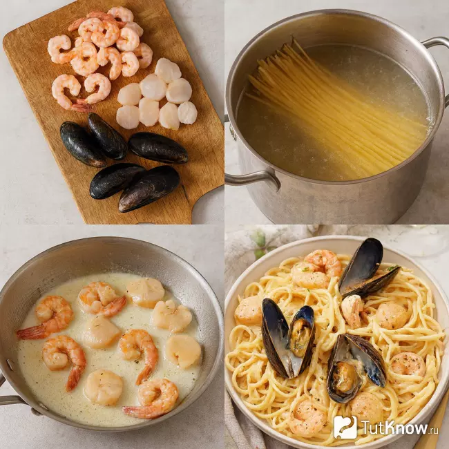 Пошаговое приготовление пасты с морепродуктами в сливочно-винном соусе